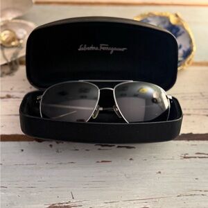 Salvatore Ferragamo Black and Silver Aviator Sunglasses